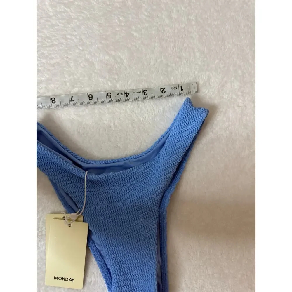 Monday Swimwear Byron Bottom Azure Crinkle Blue High Cut Bikini Bottom S NWT